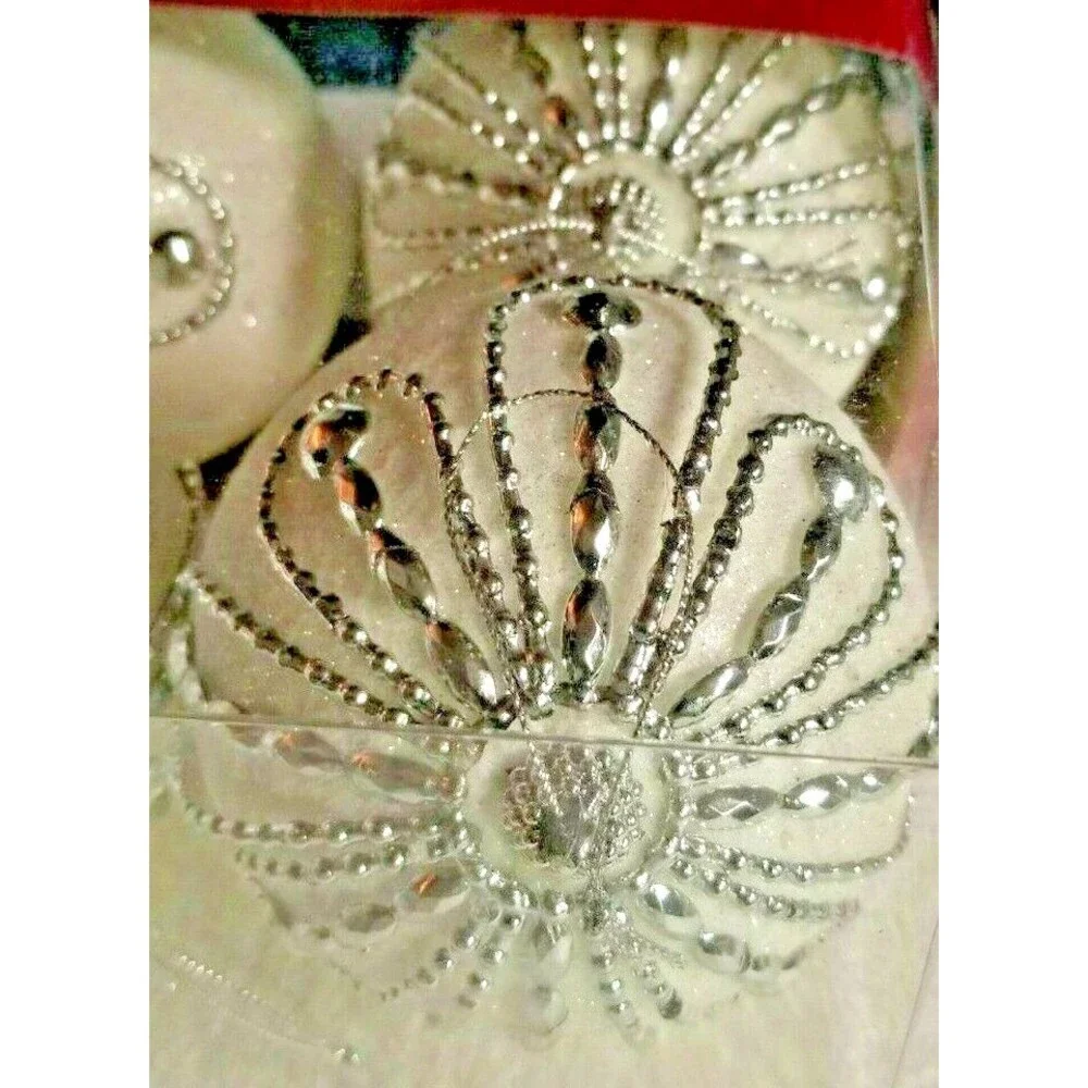 Christmas Holiday Ornaments White & Silver Iridescent Trim A Home 6 Count New